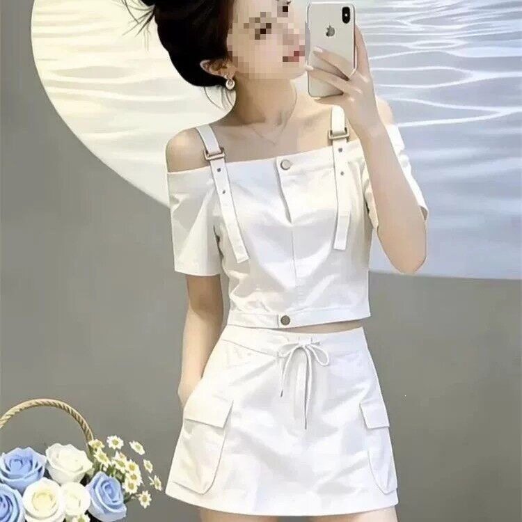 网红新款时尚套装裙女夏季辣妹抹胸一字领露肩吊带短袖+短裙