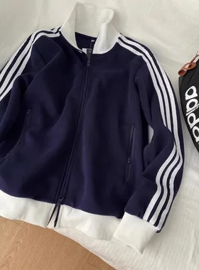 秋季外套男女款棒球服卫衣藏青色短款撞色美式夹克运动三条杠条纹