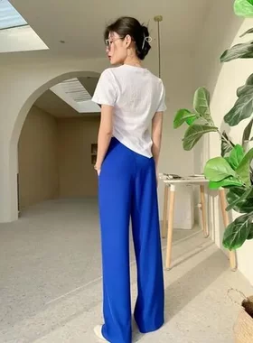 显瘦女蓝阔腿裤高腰夏季西装裤裤子宽松克莱因休闲垂感高级感春秋