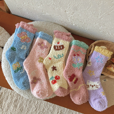 暖糯糯保暖珊瑚绒女袜保暖地板袜小花花睡眠袜不掉毛日系少女袜子