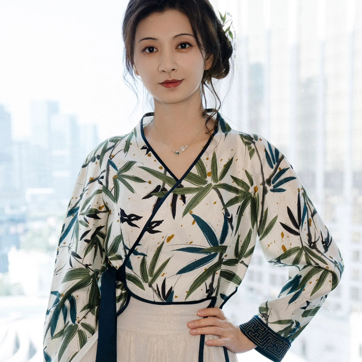 【斓曦同款】新中式国风竹叶上衣中式改良汉服斜襟女装早春新款