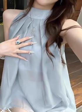 纯欲风性感露肩雪纺衫女夏季新款灰色外穿褶皱宽松无袖圆领上衣潮