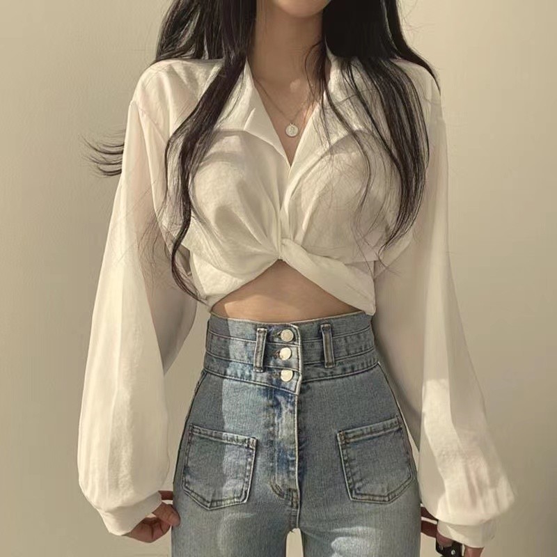 复古百搭打结纽扣polo领衬衫春季2024新款绑带短款修身长袖上衣女