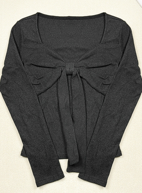 辣妹蝴蝶结长袖T恤女2025秋冬季打底灰色方领小众设计感修身上衣