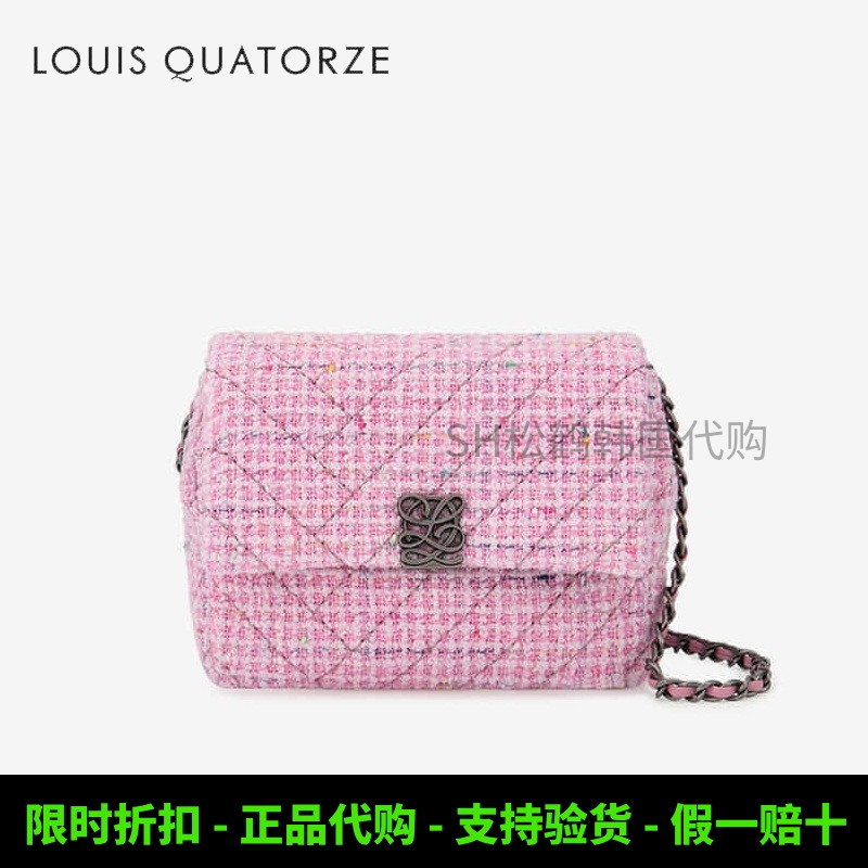 韩国代购LOUISQUATORZE瑞克朵丝粉色粗花呢链条小包女单肩斜挎包