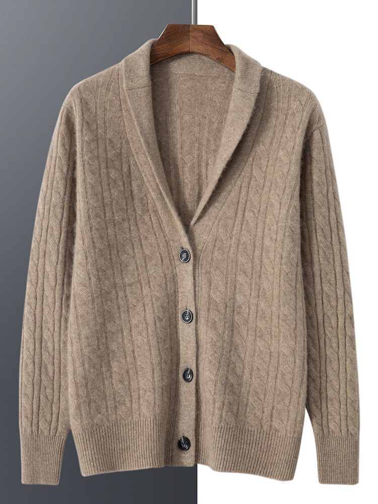 ORDOS 캐시미어 남성용 녹색 과일 칼라 자카드 두꺼운 트위스트 카디건 스웨터 니트 긴팔 바닥 셔츠