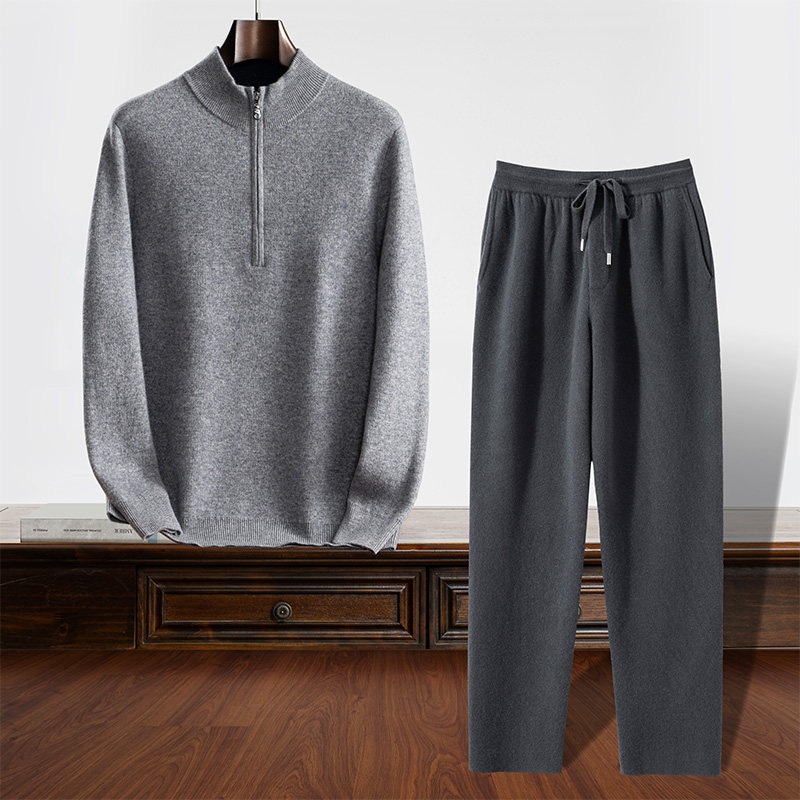 100%纯山羊绒衫男士重磅加厚半拉链时尚休闲保暖长裤套装秋冬