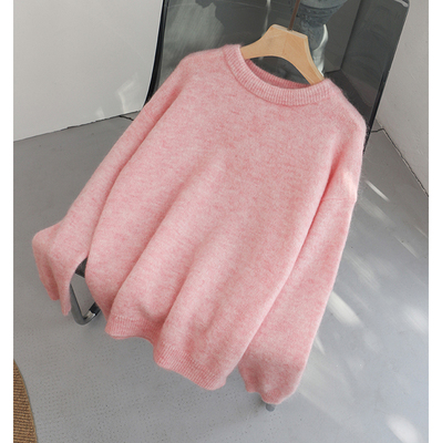粉色长袖套头慵懒风马海毛针织衫