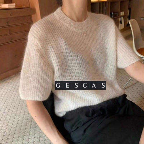 GESCAS 百搭白色马海毛上衣气质女短袖针织衫元宝针毛衣春秋款
