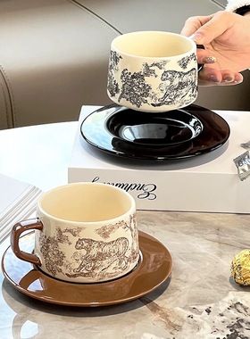 MuEn巡山野兽咖啡杯碟套装法式复古陶瓷杯子中古杯下午茶杯子隔热