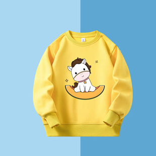 小马马图案印花秋冬加绒圆领卫衣男女儿童装小孩学生上衣服长袖款