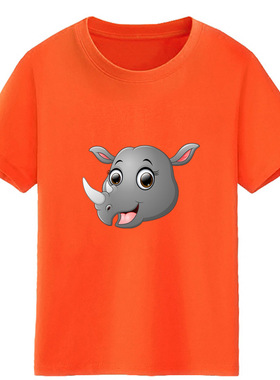 动物犀牛头男童装蓝色短袖女孩红色T恤宝宝黄色上衣黑色白色纯棉