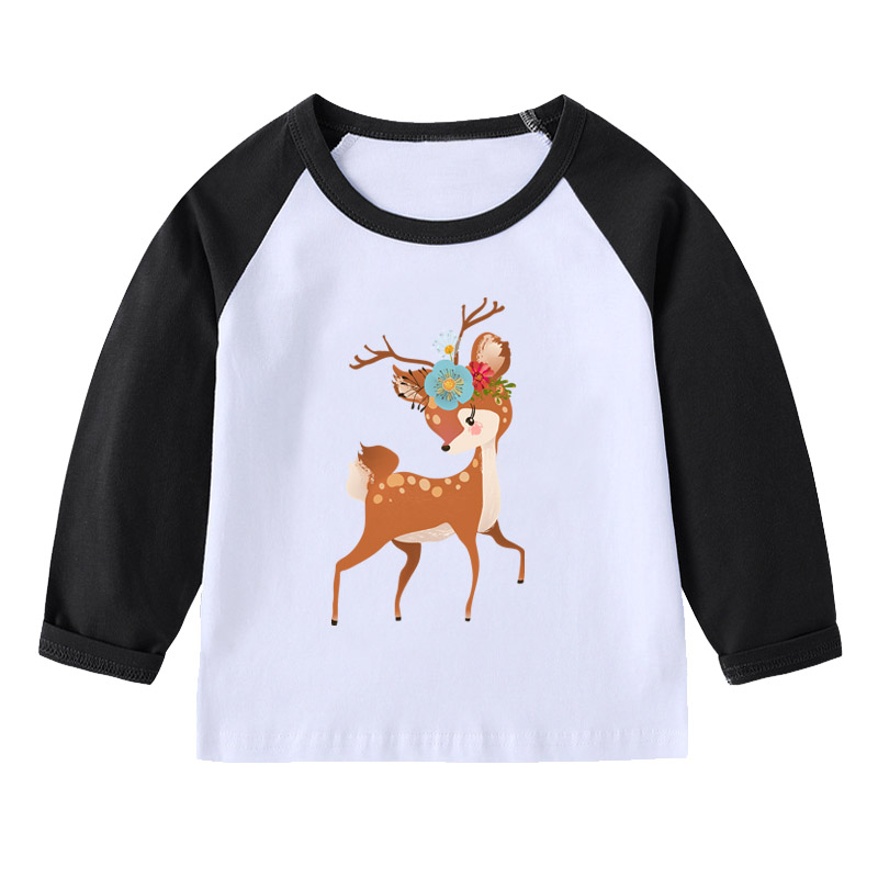 鹿长袖T恤衫黄色衣服装男童红色插肩袖女孩子套头儿童装圆领