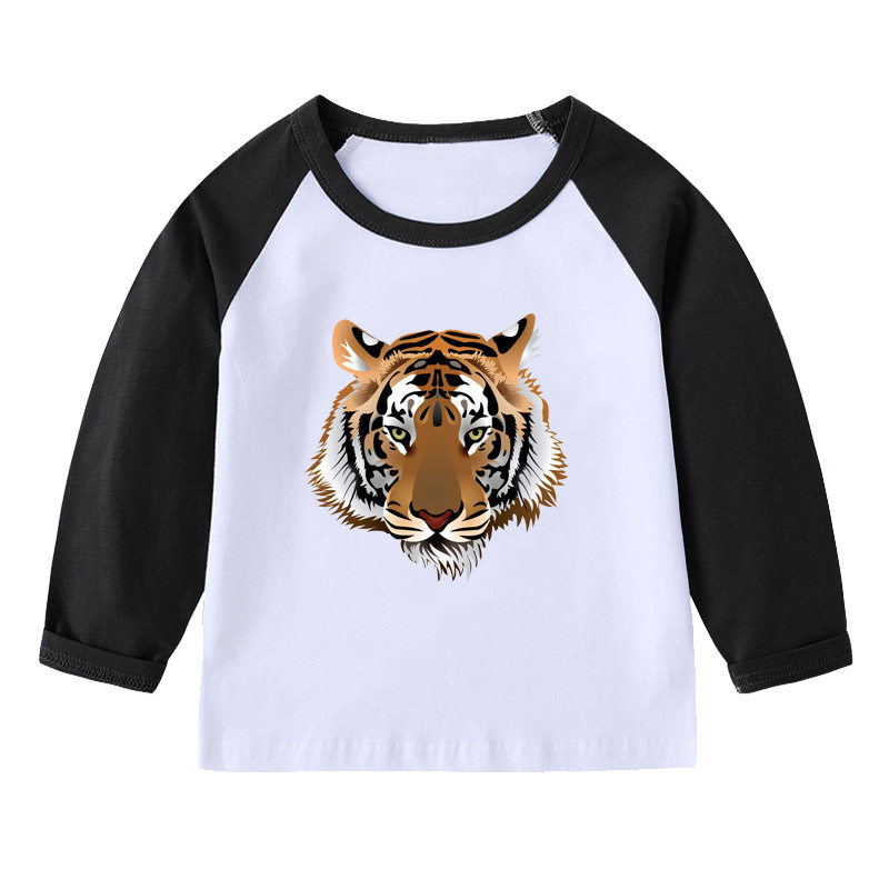 老虎男童装蓝色长袖女孩红色T恤宝宝黄色上衣黑白拼接袖纯棉