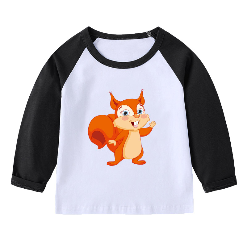 松鼠长袖T恤衫黄色衣服装男童红色插肩袖女孩子套头儿童装圆领