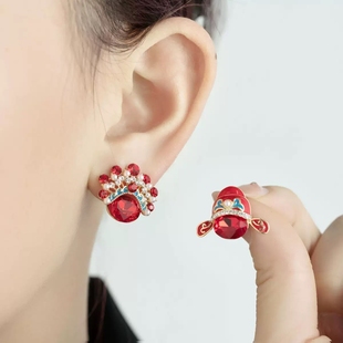 中国风京剧脸谱刀马旦原创个性国朝红色新年结婚耳钉无耳洞耳夹