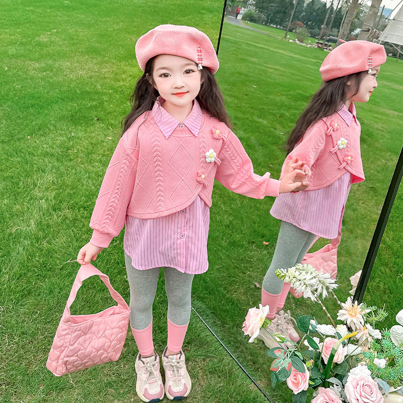 女童春秋款套装2025新款洋气时髦儿童条纹宝宝春季春装假两件衬衫