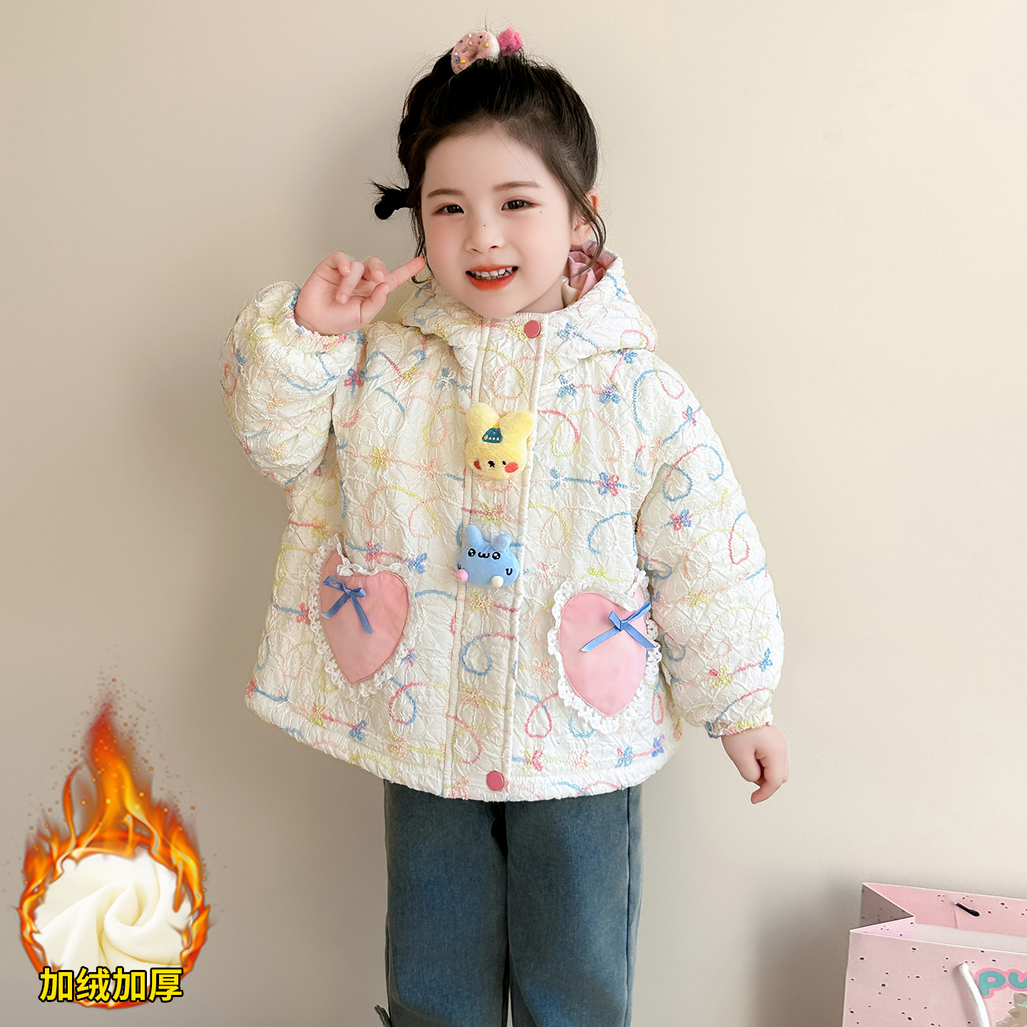 女宝宝冬装洋气蕾丝桃心加厚外套