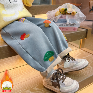 女宝宝一体绒加厚牛仔裤 超好看儿童阔腿老爹裤 子秋冬季 女童加绒裤