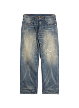 LDS 手工猫须做旧复古自然水洗直筒布边赤耳牛仔长裤