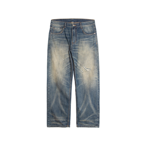 LDS复古水洗直筒布边牛仔长裤