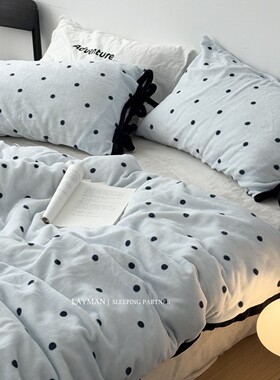 Layman外行 蓝色波点牛奶绒四件套冬季加厚保暖法兰绒床单被套