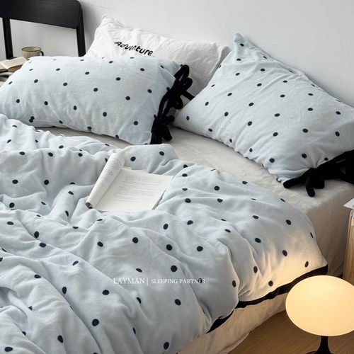 Layman外行 蓝色波点牛奶绒四件套冬季加厚保暖法兰绒床单被套