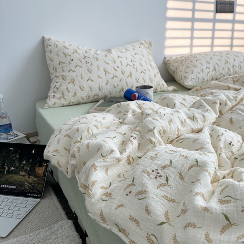 【幸运小麦穗】ins简约小清新全棉双层皱皱纱四件套纯棉透气裸睡