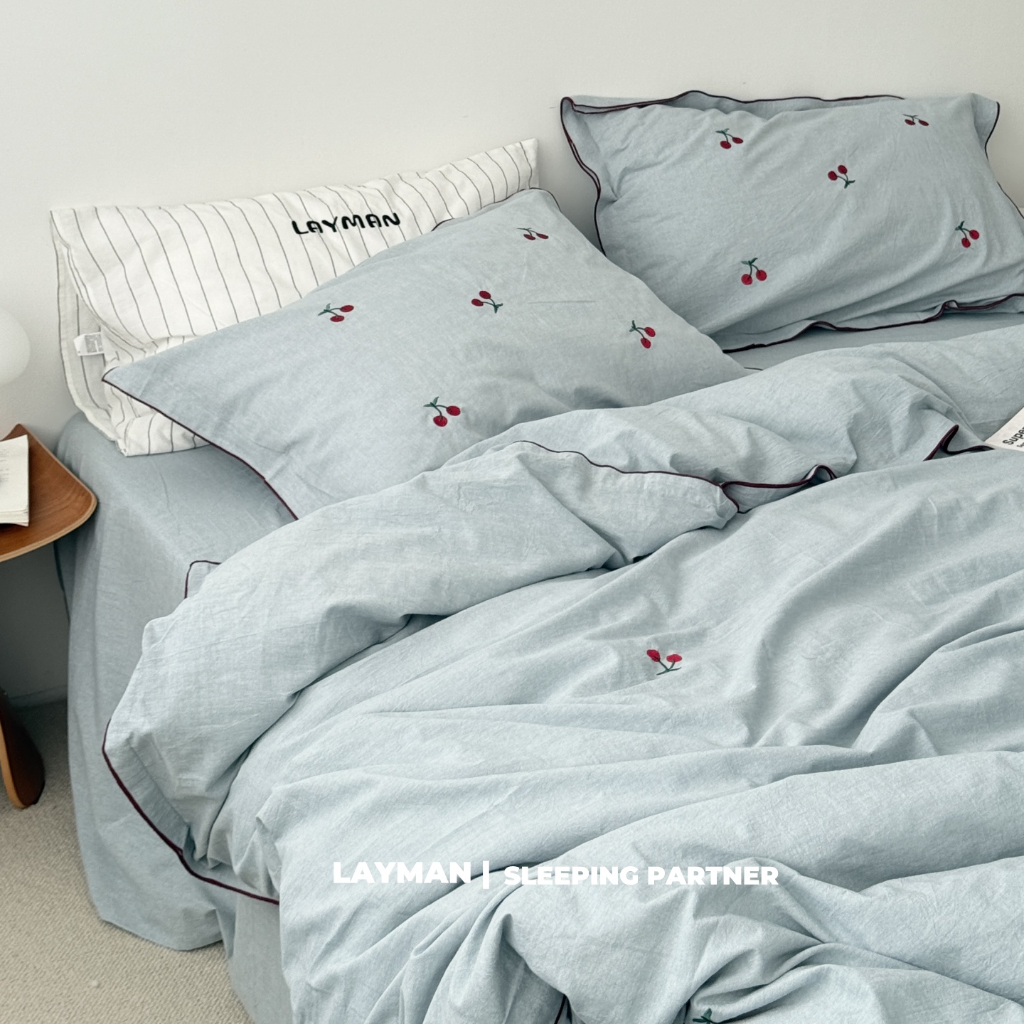 Layman外行 ins韩国博主风蓝色小樱桃密拷边纯棉水洗棉四件套全棉