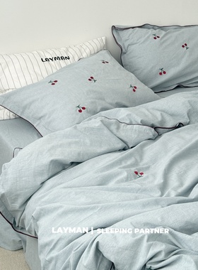 Layman外行 ins韩国博主风蓝色小樱桃密拷边纯棉水洗棉四件套全棉