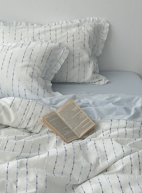 Layman外行 ins蓝色条纹少女花边提花纯棉四件套简约全棉床单被套