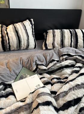 ins条纹冬季加厚保暖兔毛绒四件套裸睡柔软双面牛奶绒床单被套