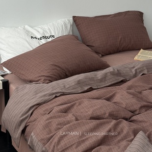 Layman外行 A类纯棉砂洗格子小提花双层纱四件套蝴蝶结绑带套件