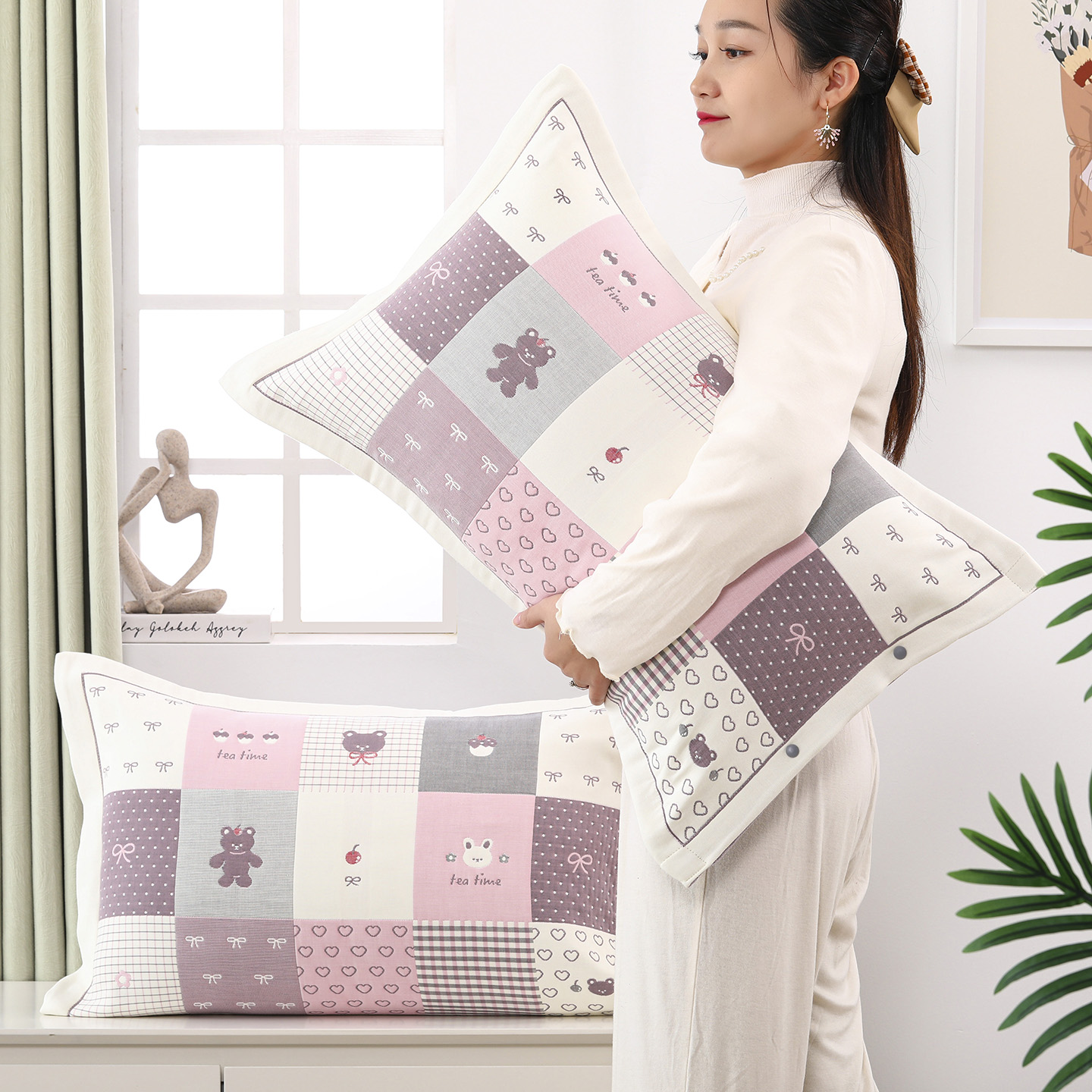 中号奶棉按扣纯棉纱布枕套一对装四季新款加厚柔软家用枕头内胆套