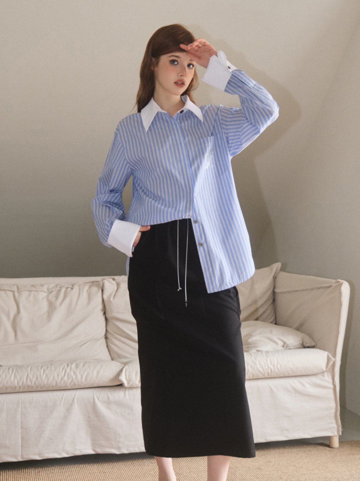 three quarters 23秋季新款蓝白条纹烫钻衬衫 金属logo工装鱼尾裙