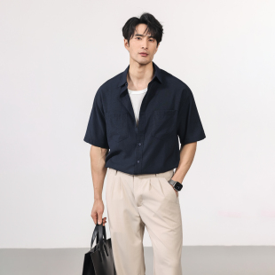 GLS亚麻老钱风短袖衬衫日常通勤款莱赛尔口袋宽松天丝夏天凉感