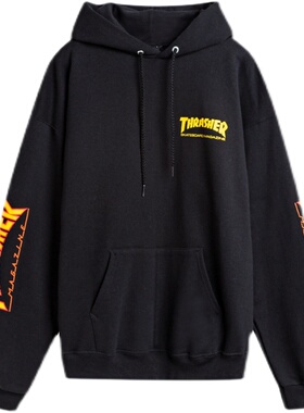 超帅现货 Thrasher 新款美版胸口印花双Logo手臂火焰帽衫情侣卫衣