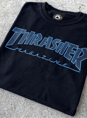 正品现货 THRASHER OUTLINED 美版火焰短袖黑色蓝字母T恤宽松潮男