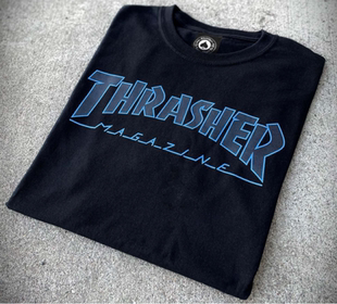 正品现货 THRASHER OUTLINED 美版火焰短袖黑色蓝字母T恤宽松潮男