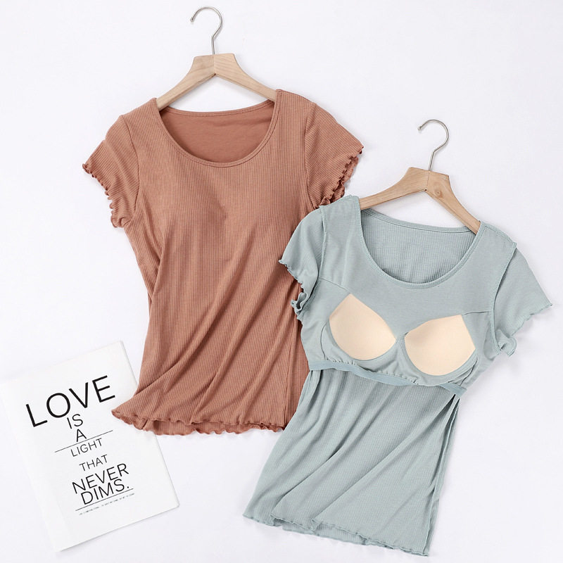 THREADED MODAL CHEST PAD SHORT SLEEVE T-SHIRT WOMENS SUMMER BRA FREE PAJAMAS RUFFLES PAJAMAS LOUNGEWEAR CAN BE WORN OUTSIDE