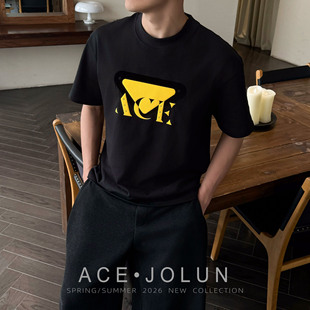 【蕉伦】黄黑倒三角重工胶印铆钉短袖t恤男夏透气宽松高级感立体