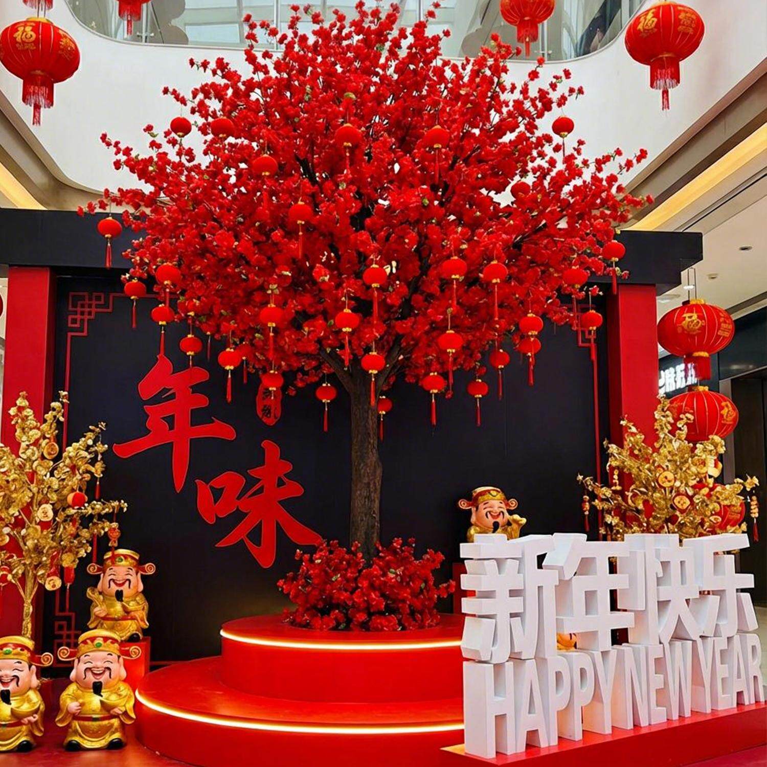 商场马年红色仿真桃花树装饰造景