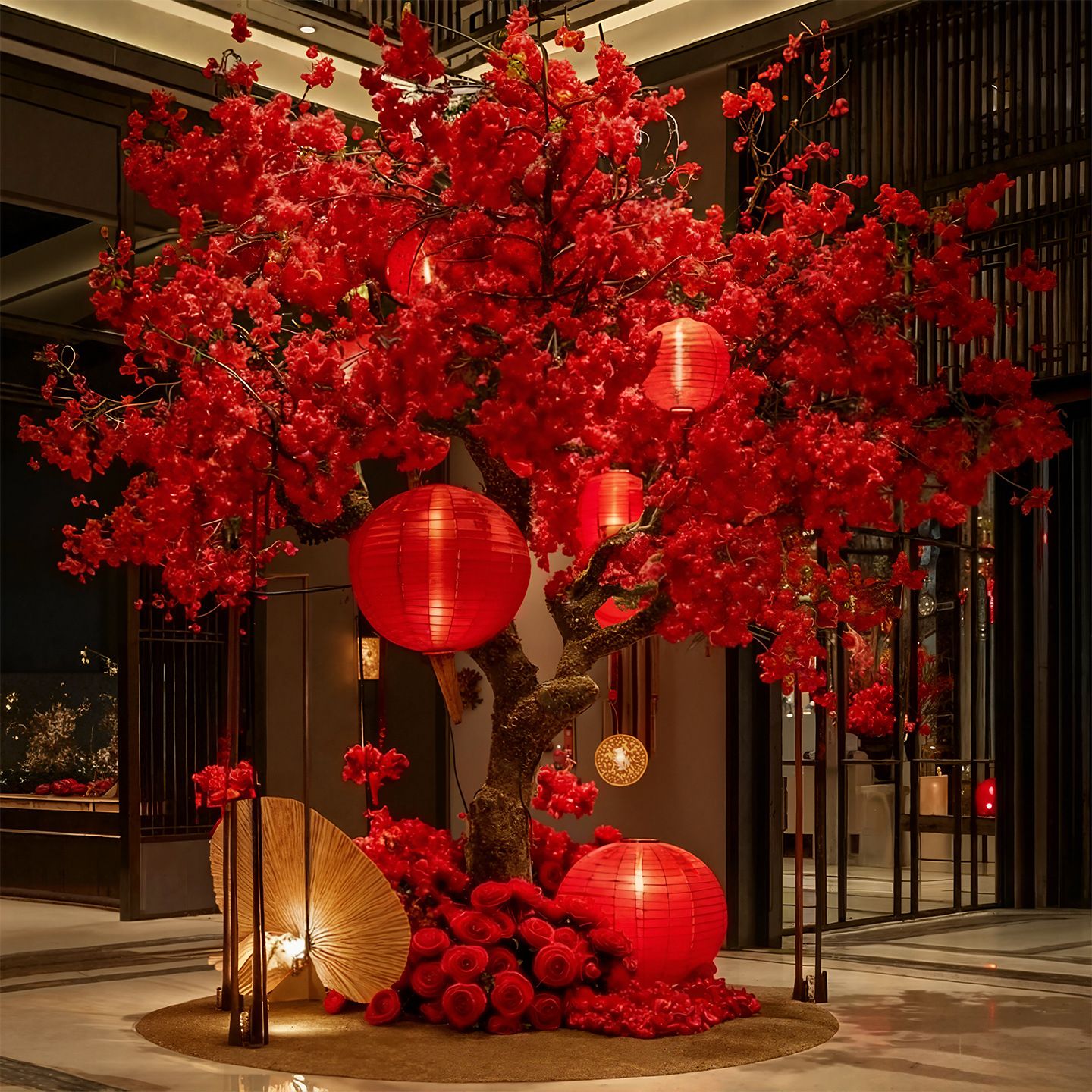 国风红色桃花仿真树春节造景装饰