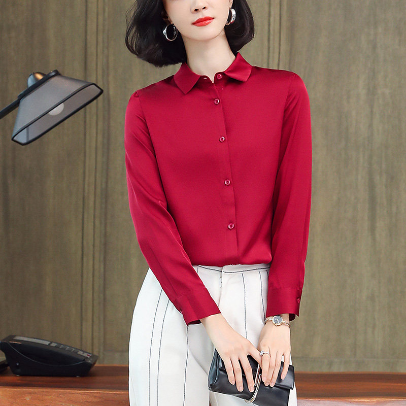 意冉杭州真丝衬衫女夏装新款红色上装本命时尚洋气长袖女士上衣