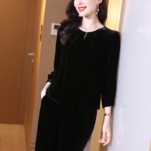 意冉真丝丝绒上衣女秋桑蚕丝黑色打底衫中式国风高端妈妈新款小衫