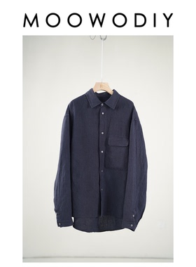 100%藏青色亚麻中性风男女通穿复古衬衫