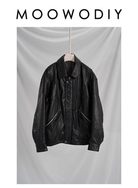 复古中性风黑色真牛皮宽松机车夹克外套