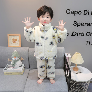 男童冬季舒棉绒小企鹅套装2025新款卡通珊瑚绒睡衣加厚保暖家居服