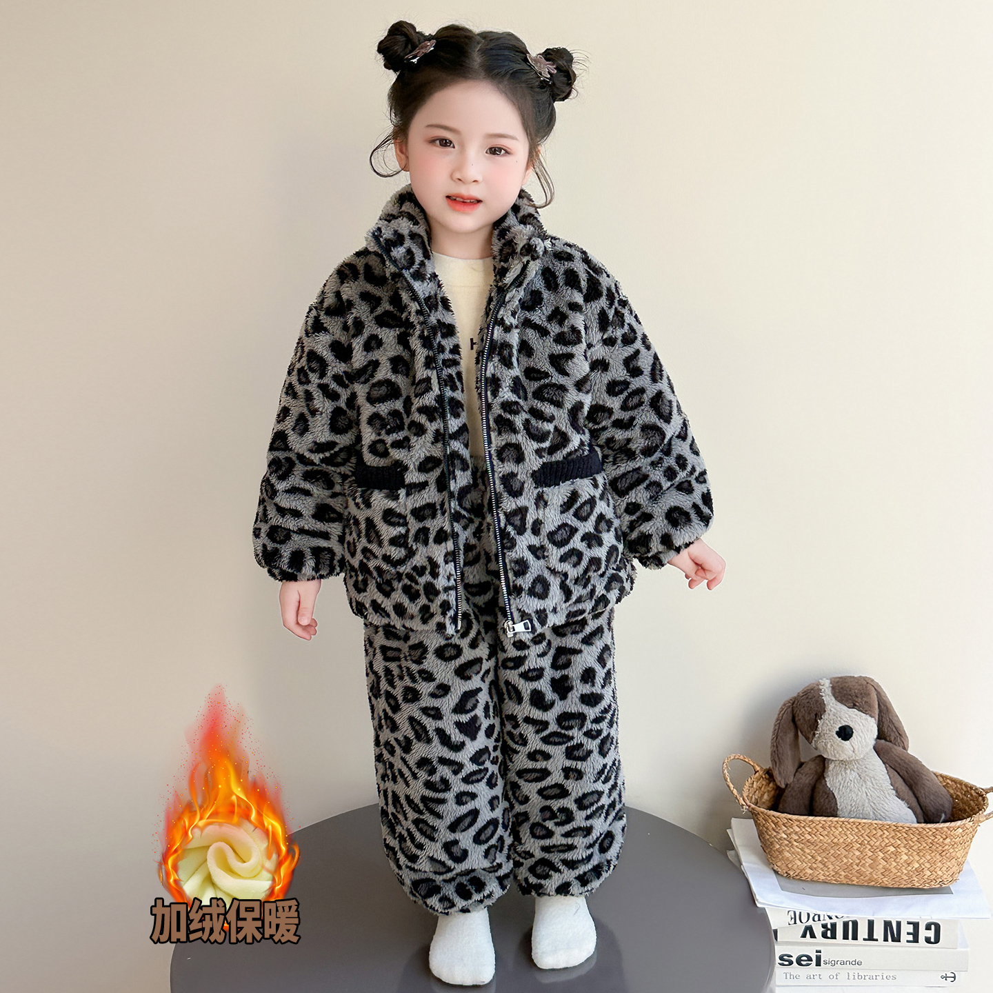 女童冬季珊瑚绒豹纹家居服