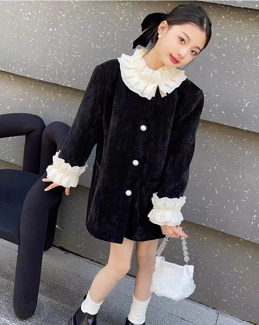 年货新品网红小香风羽绒服外套2024冬装女童花边时髦中长款外套